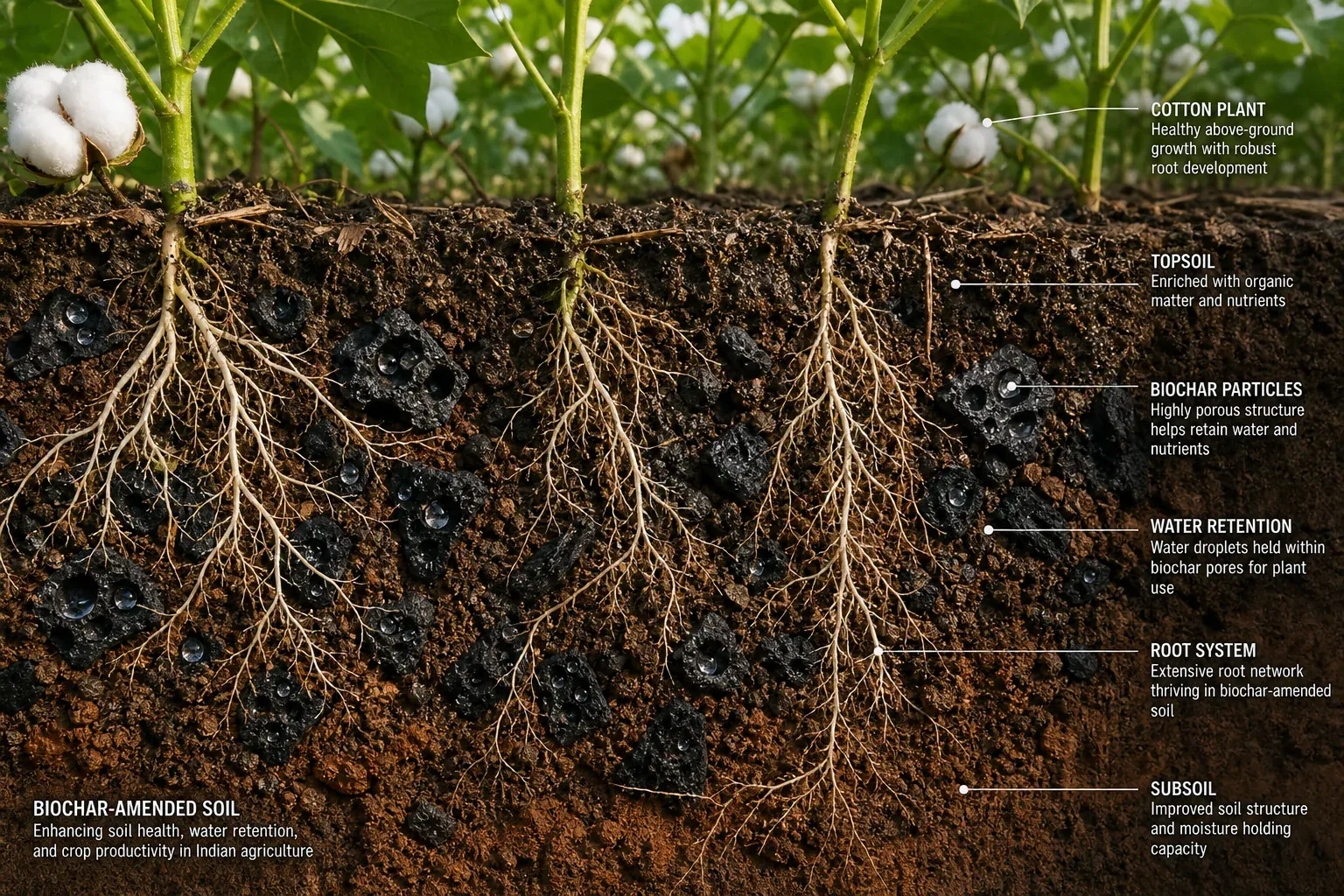 Cross-section of biochar-amended cotton farm soil showing porous structure retaining moisture around cotton roots