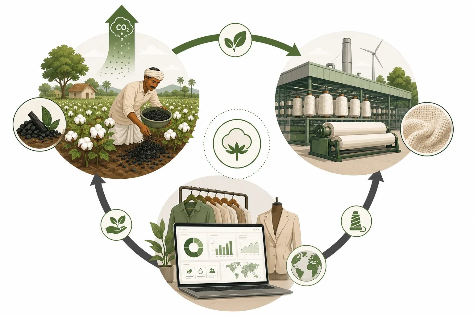 Conceptual diagram showing biochar carbon insetting value chain from Indian cotton farm to textile brand sustainability reporting