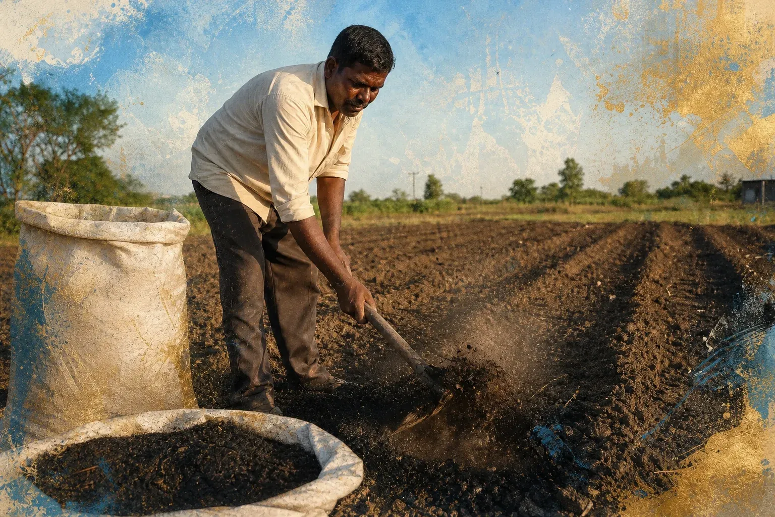 Indian smallholder farmer applying dark biochar to prepared cotton field soil before sowing season in Maharashtra