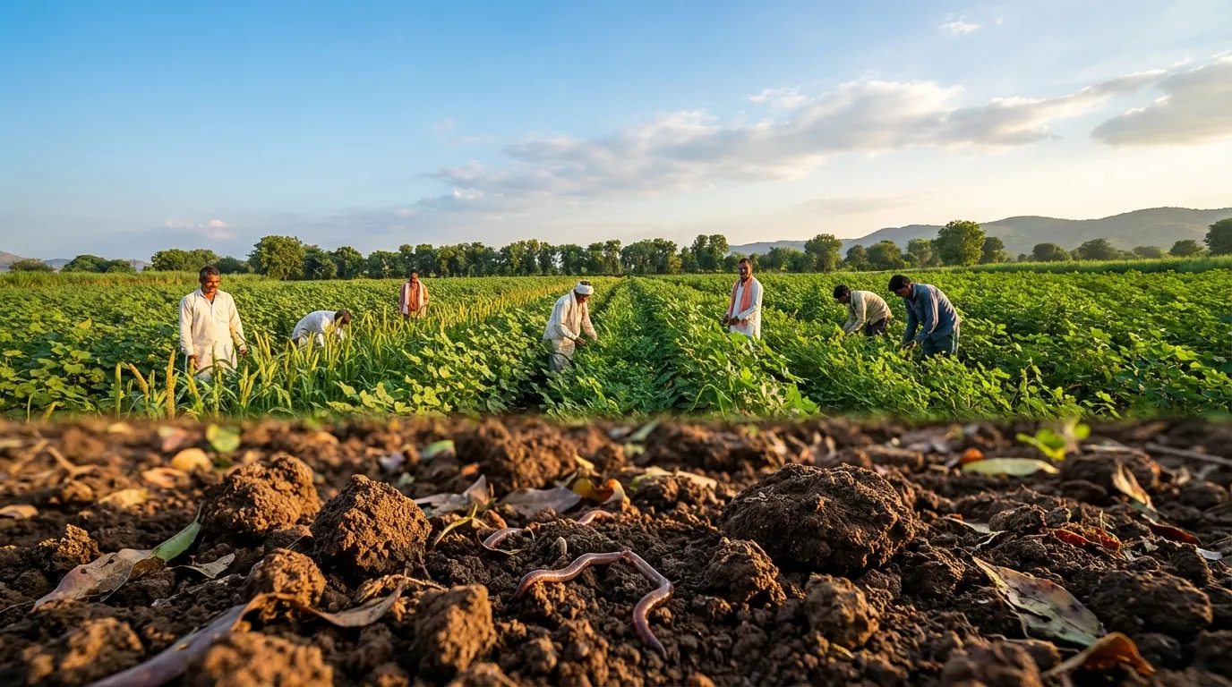 Sustainable farming regenerative agriculture field with healthy soil and diverse crops in India