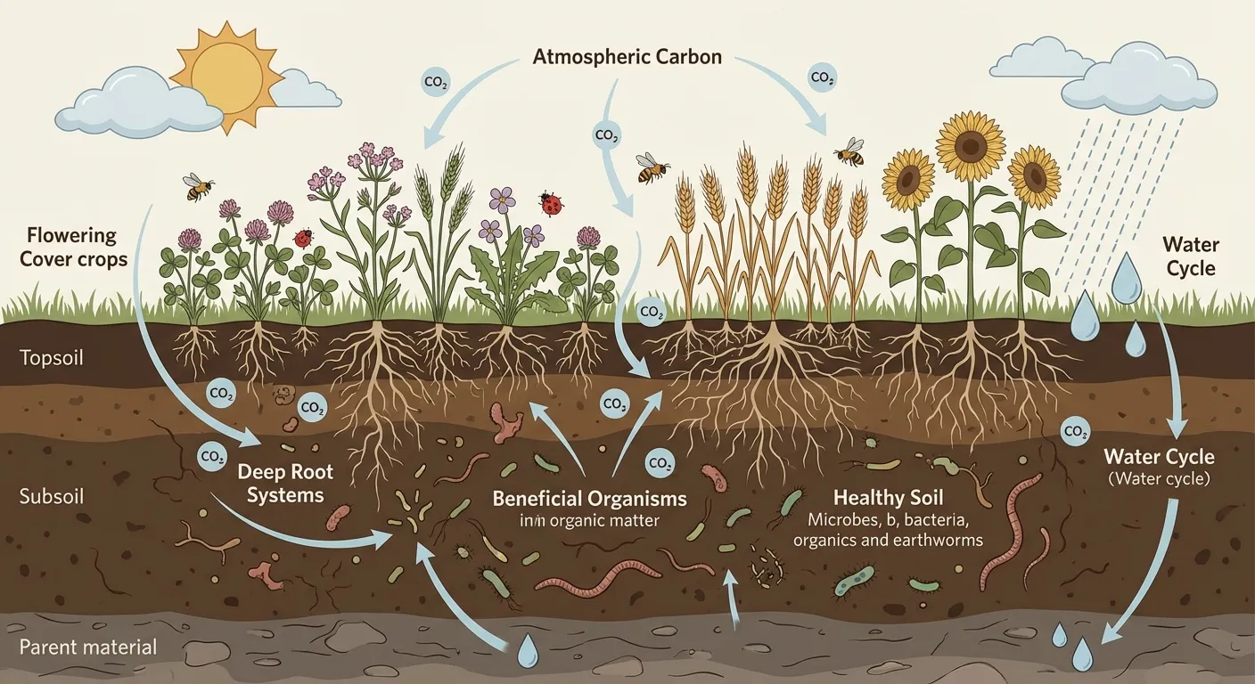 Regenerative agriculture principles showing soil health carbon sequestration and ecosystem biodiversity