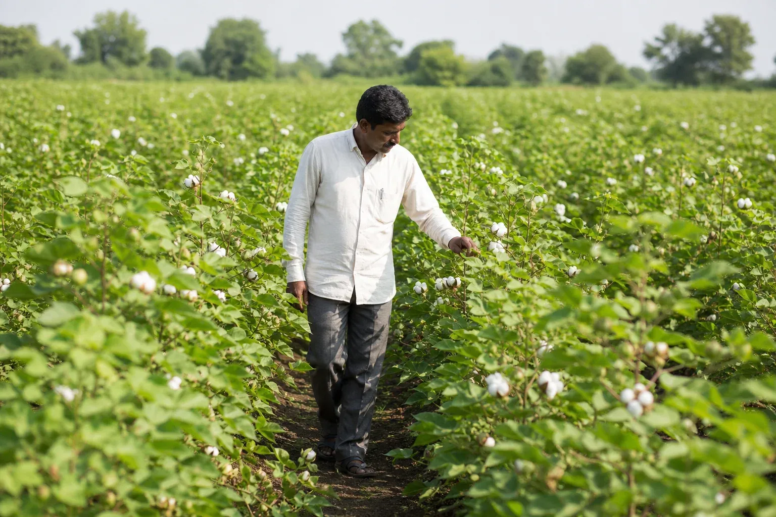 Aerial-level view of a dense cotton field with narrow row spacing in India. photorealistic wide shot of a lush green cotton field in central India with narrow row spacing typical of high-density planting, rows of cotton plants close