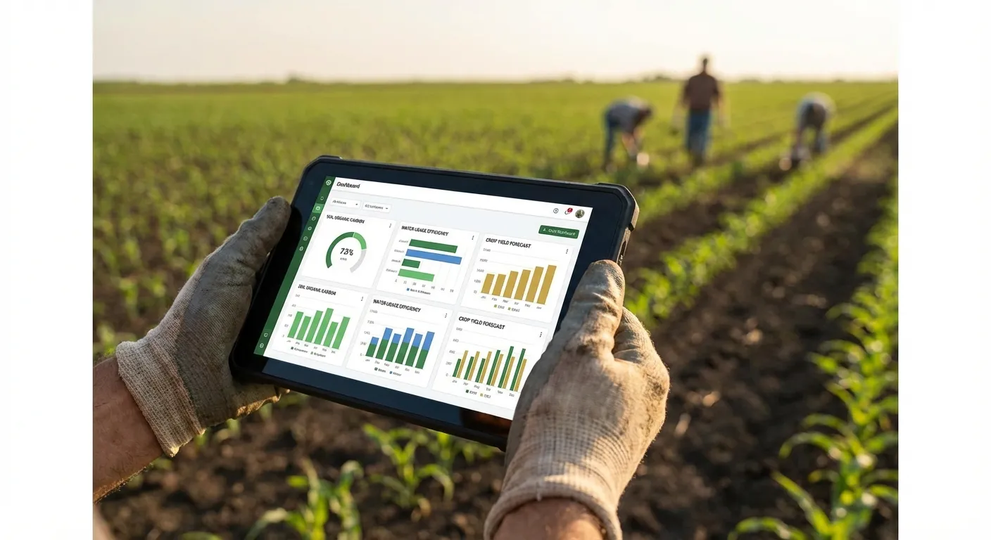 measuring stakeholder engagement impact with data dashboards showing soil health and carbon sequestration metrics in regenerative agriculture