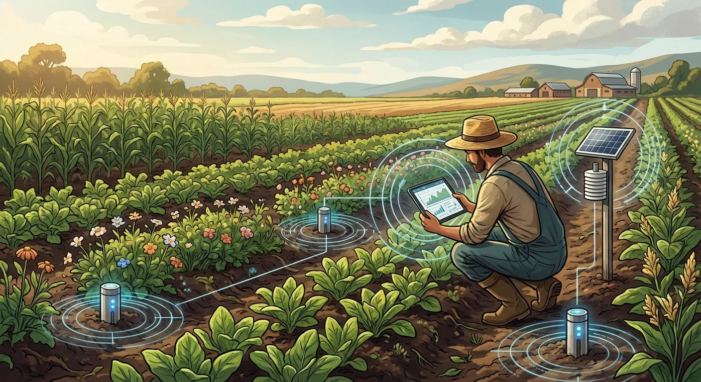 IoT sensors and mobile technology collecting soil health data in regenerative agriculture field