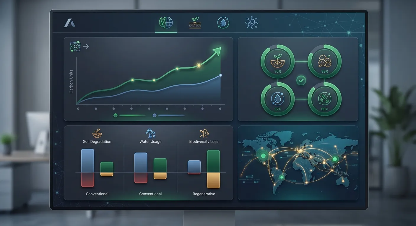 Automated ESG reporting dashboard displaying regenerative agriculture sustainability metrics and carbon sequestration data