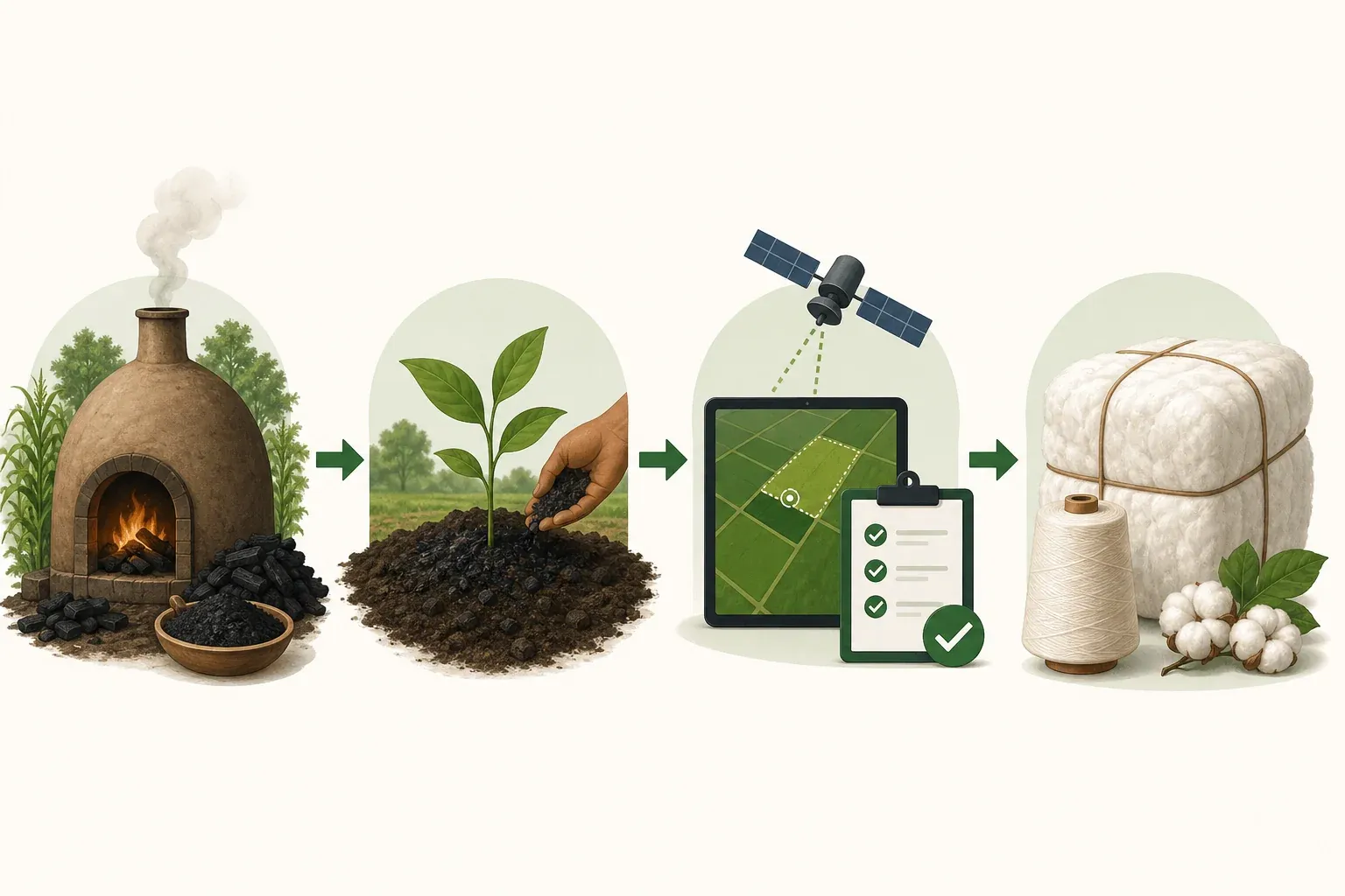Flow illustration showing biochar production on a farm leading to soil application, carbon verification, and textile supply chain integration