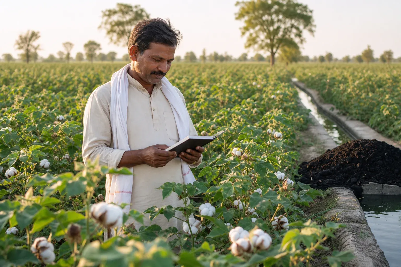 Indian smallholder farmer reviewing farm income notes in a healthy cotton field near a small biochar production site