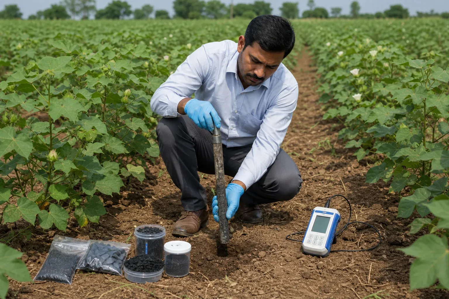 Agronomist collecting soil carbon samples in an Indian cotton field for ESG due diligence carbon methodology validation
