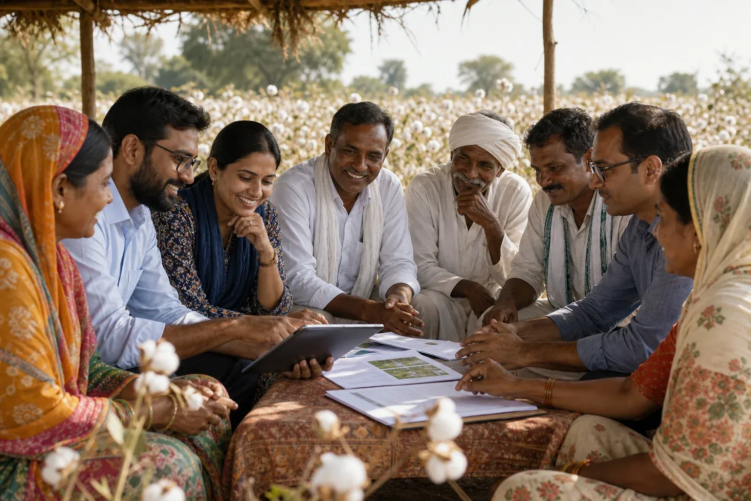 Procurement team and Indian smallholder farmers collaborating on ESG documentation review for sustainable cotton sourcing
