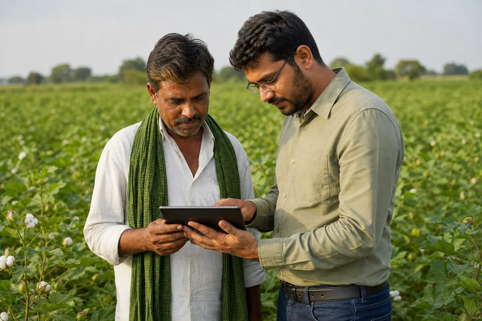 A sustainability auditor and cotton farmer reviewing documentation in a field in India. Photorealistic photo: an Indian cotton farmer and a sustainability auditor standing at the edge of a green cotton field in Madhya Pradesh, India, both