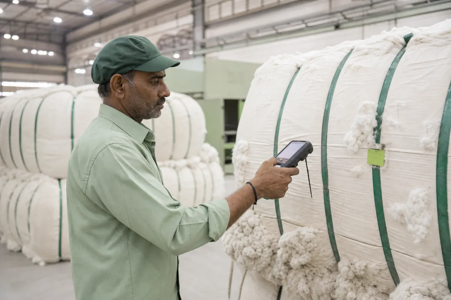 Textile mill worker scanning cotton bale tags to log traceability data on a mobile device. Photorealistic photo: a textile mill worker in Gujarat, India scanning a tagged cotton bale with a handheld mobile scanner inside a bright industrial