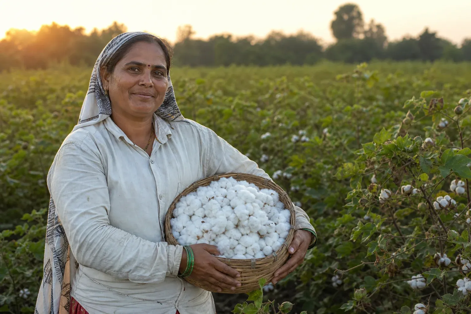 Woman farmer holding harvested cotton with visible pride and ownership. Photorealistic photo of a woman farmer in rural Maharashtra holding a basket of freshly harvested raw cotton, standing in a cotton field at golden hour, confident