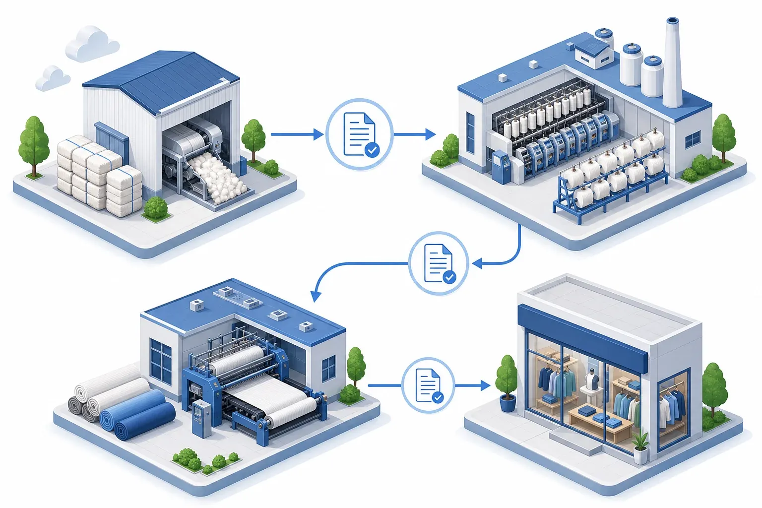 Isometric illustration of multi-tier textile supply chain showing cotton gin, spinning mill, fabric weaver, and retail store connected by chain-of-custody documentation flows