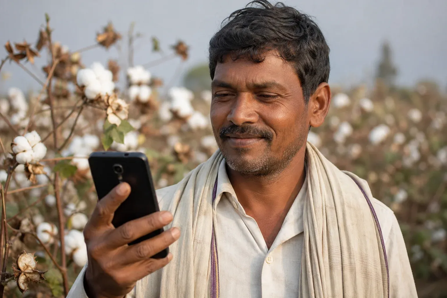 Indian smallholder cotton farmer using a smartphone in a cotton field to log farm data for supply chain traceability