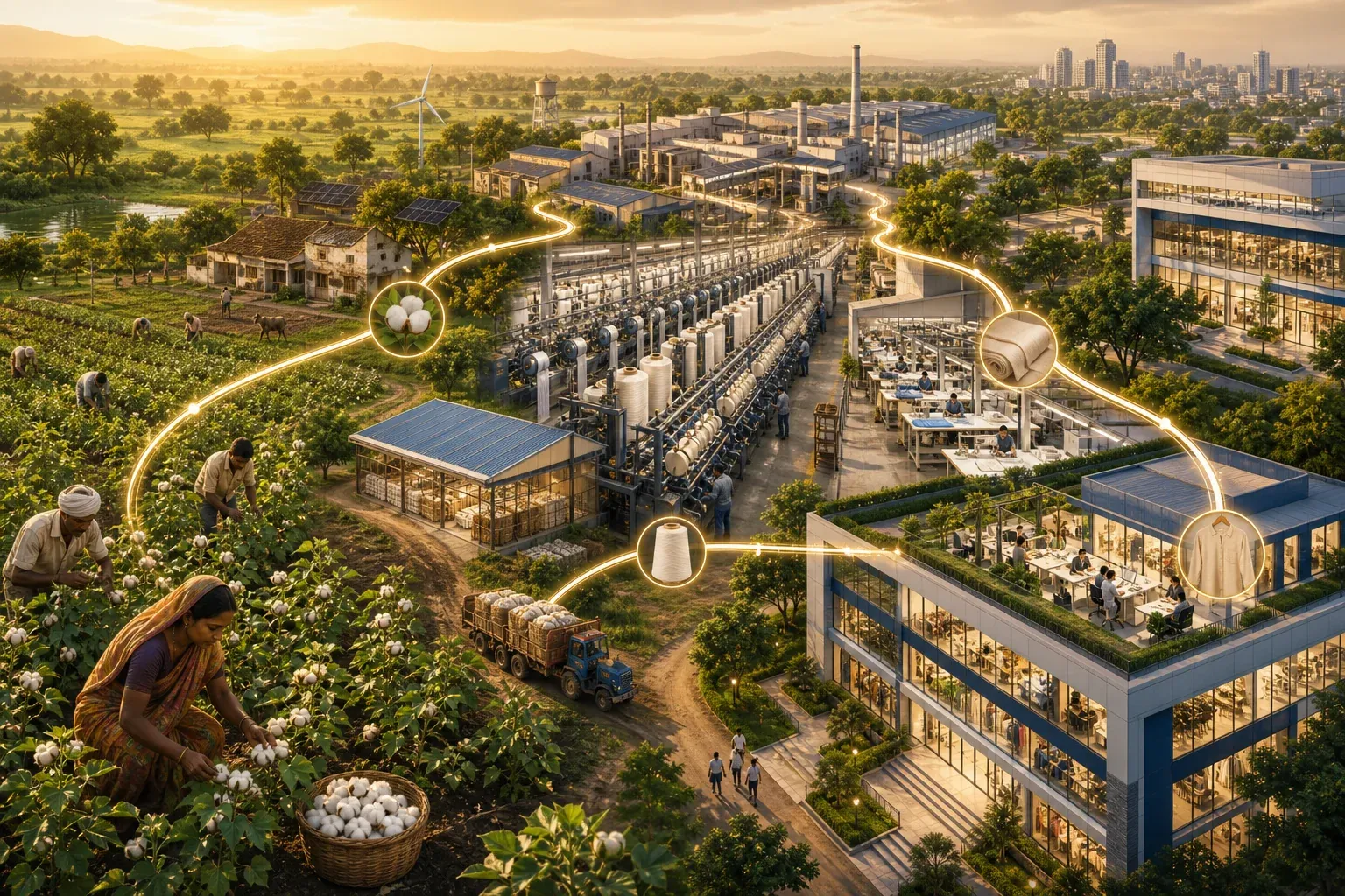 Connected supply chain from regenerative cotton farm in India through textile mills to fashion brand headquarters, illustrating carbon insetting integration