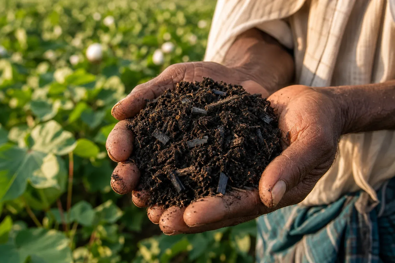 South Asian farmer holding rich dark carbon-rich soil with biochar visible, representing durable carbon sequestration in regenerative agriculture