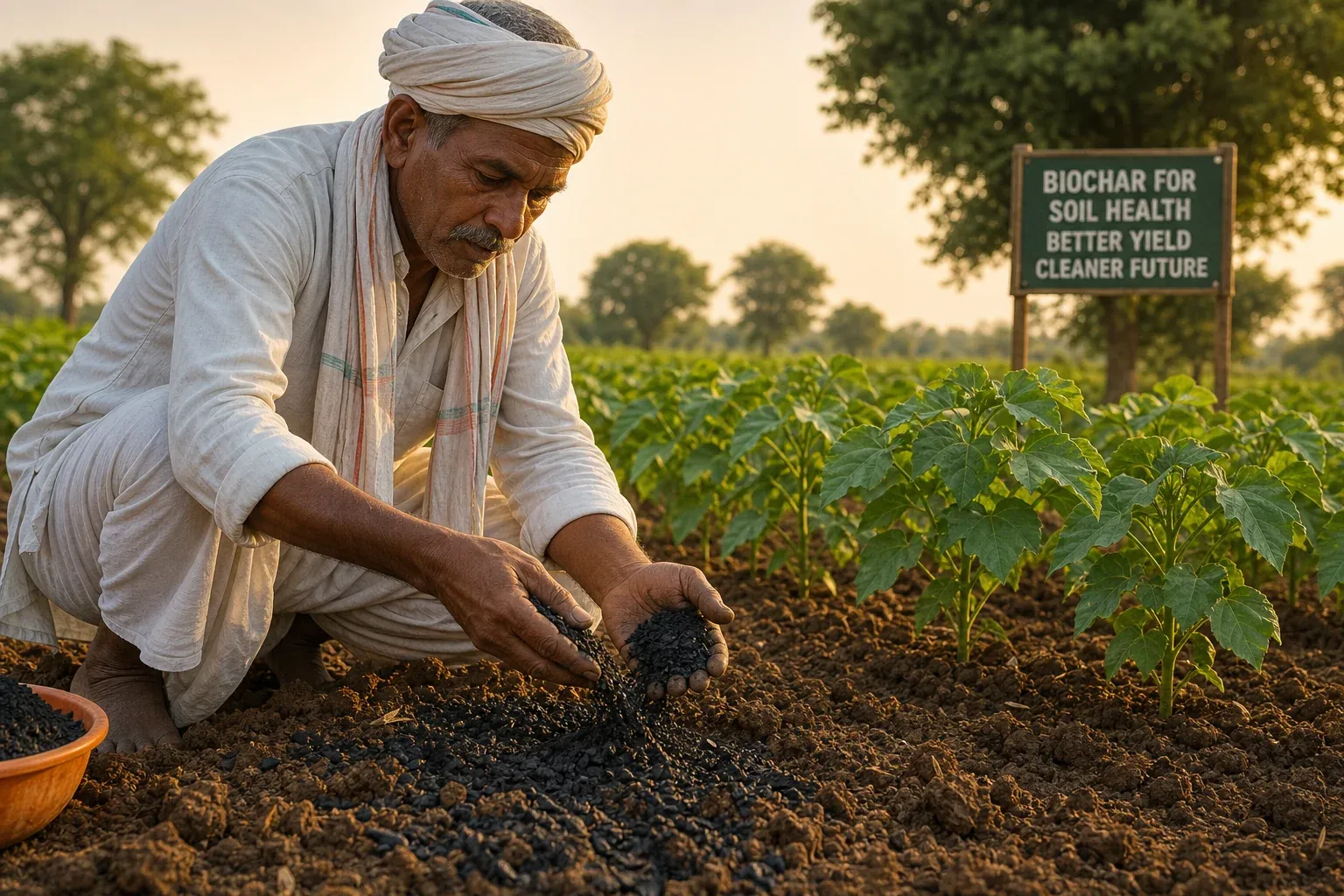 Indian farmer applying biochar to cotton field soil in Maharashtra as part of a regenerative agriculture program