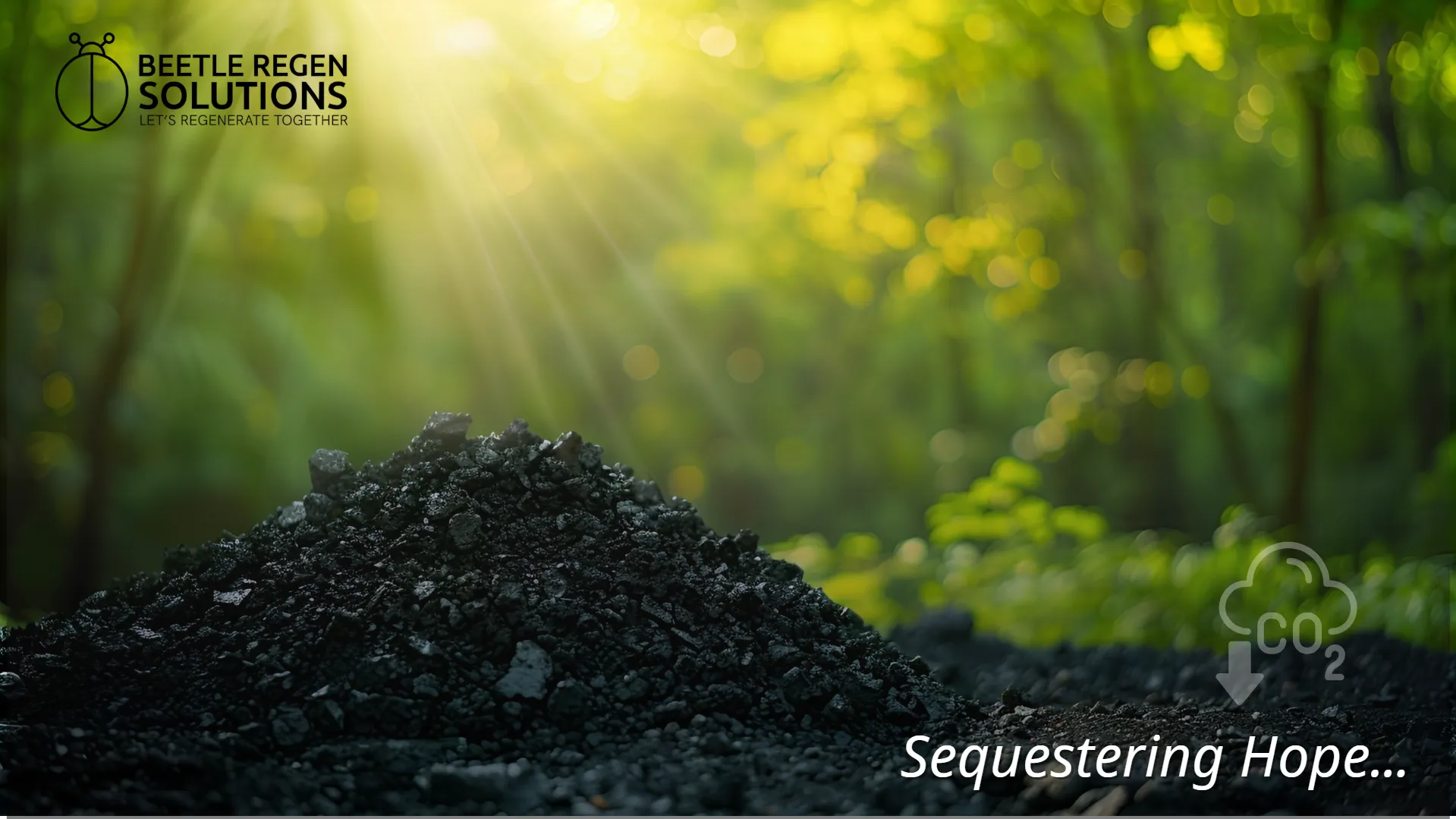Close-up of dark biochar granules held in hand over farmland. photorealistic close-up photo of a farmer's hand holding dark porous biochar granules over a cotton field in India, natural daylight, soil visible in background, green brand