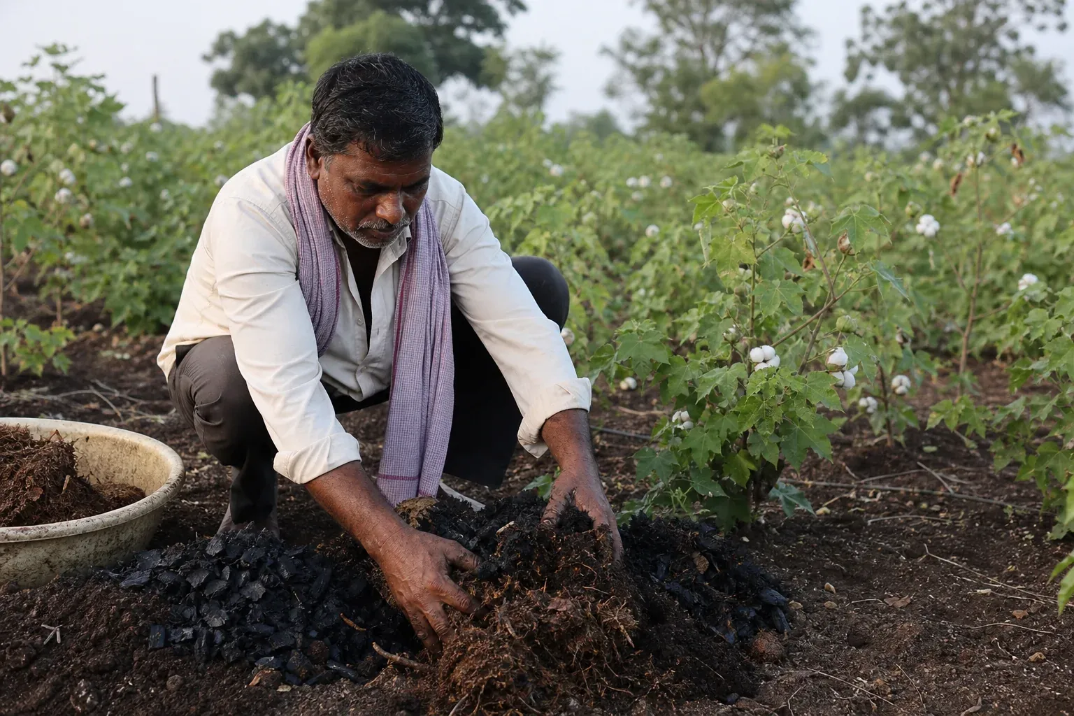 Farmer mixing biochar into soil with compost on a small farm plot. photorealistic photo of an Indian smallholder farmer kneeling in a cotton field, mixing dark biochar into loose soil alongside compost, morning light, visible soil texture