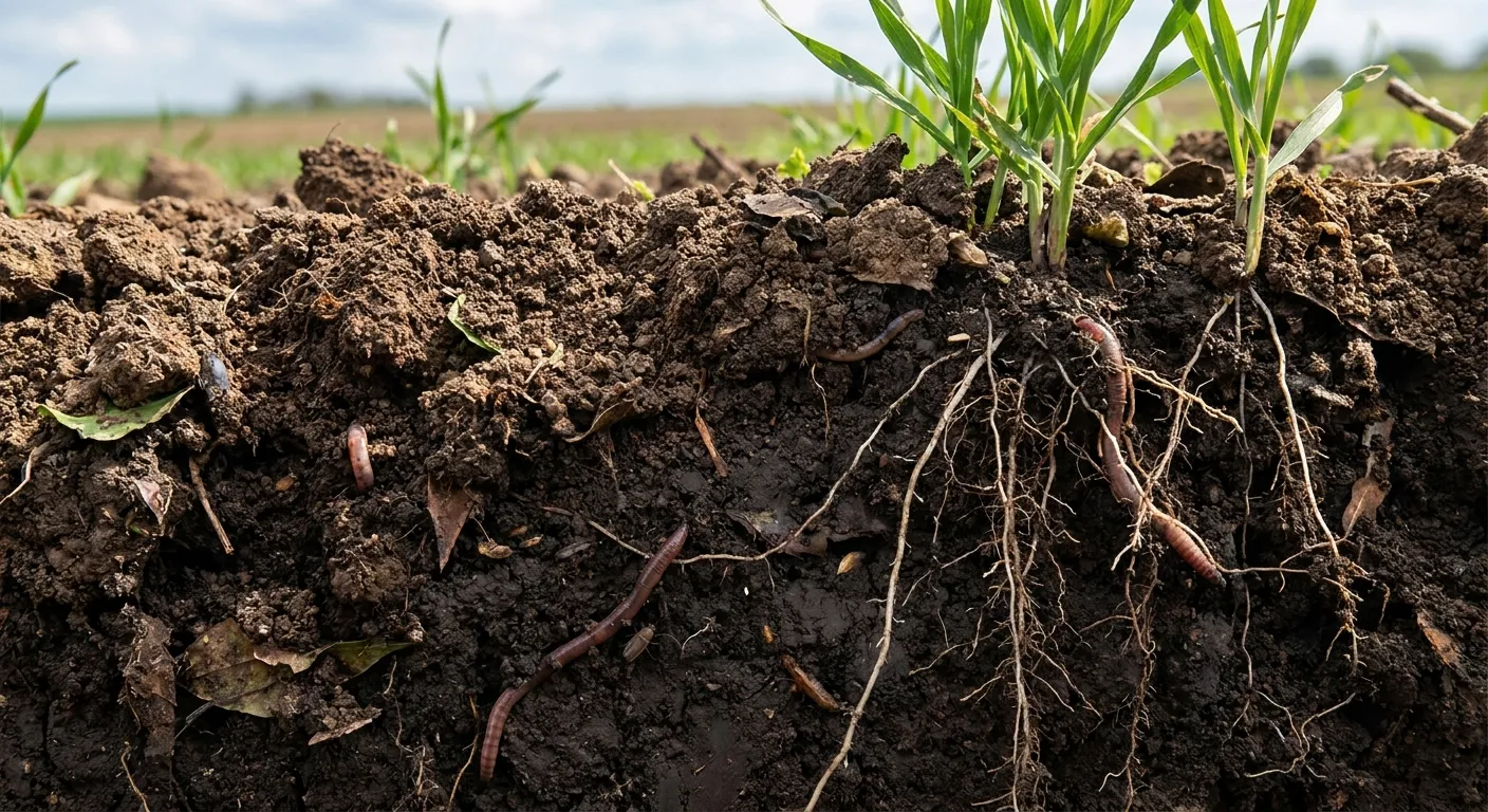 Healthy soil fertility with organic matter and plant roots in regenerative agriculture system