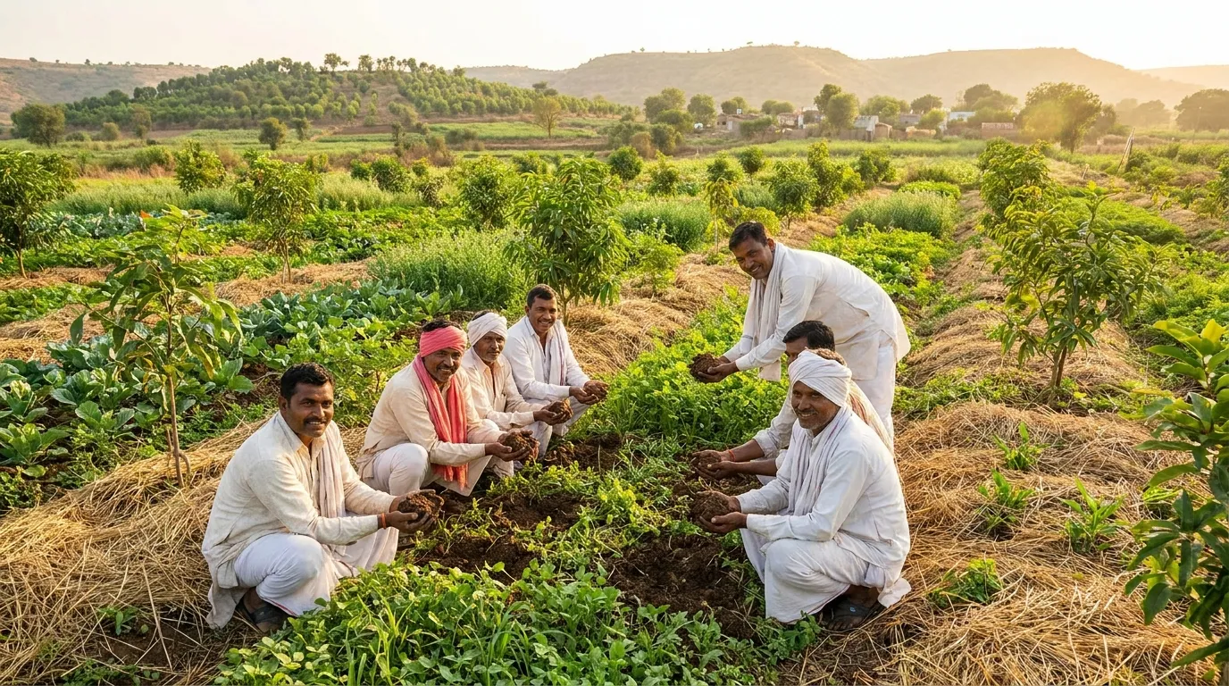 Farmers implementing regenerative agriculture practices to restore soil fertility in India