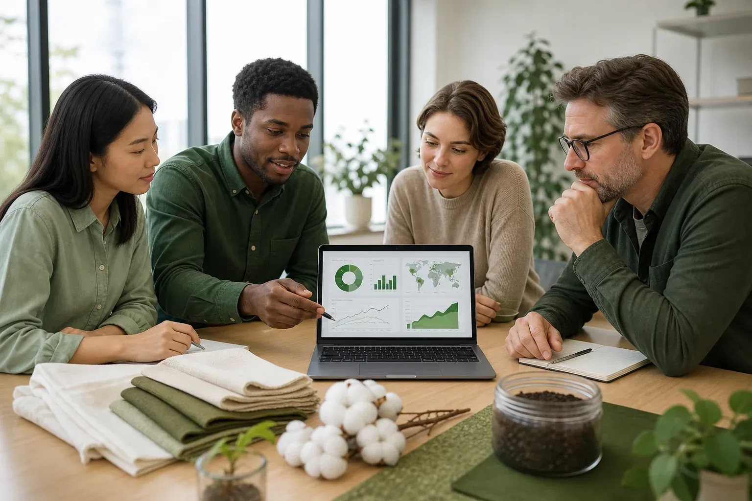 Textile sustainability team reviewing supply chain data on a laptop with cotton fabric samples. Photorealistic image: a diverse sustainability team in a bright office reviewing a supply chain emissions dashboard on a laptop, cotton fabric