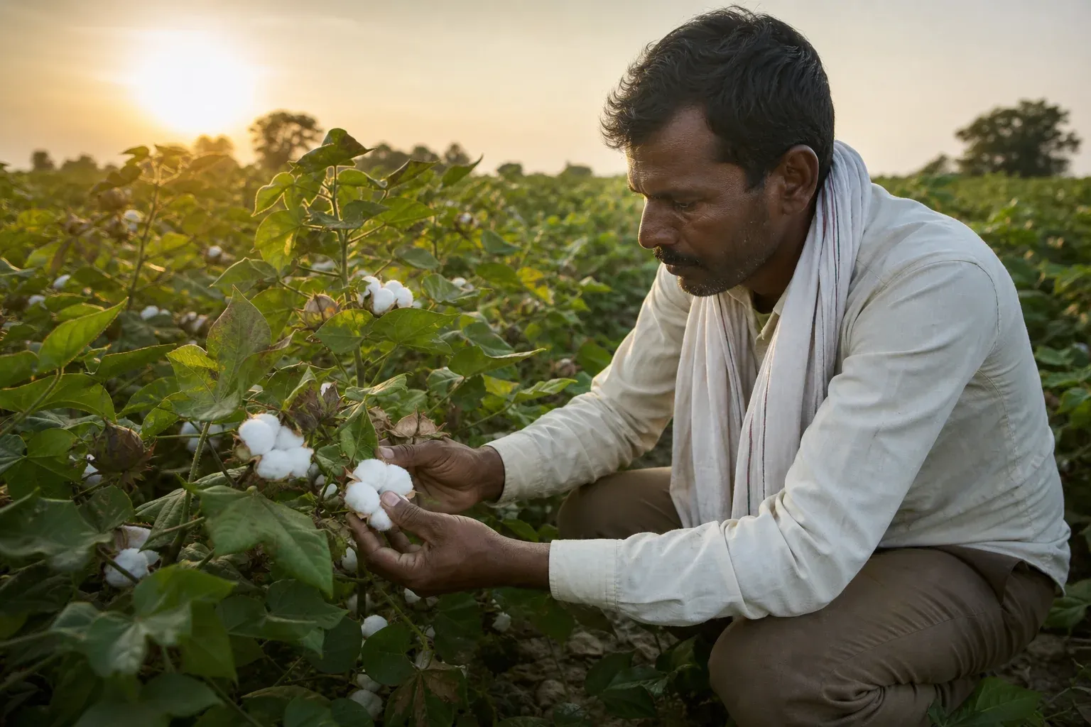 Photorealistic image: an Indian cotton field at golden hour, a farmer inspecting cotton bolls by hand, rows of healthy green cotton plants, warm natural light, earthy green tones matching brand colors, documentary style photography, no text