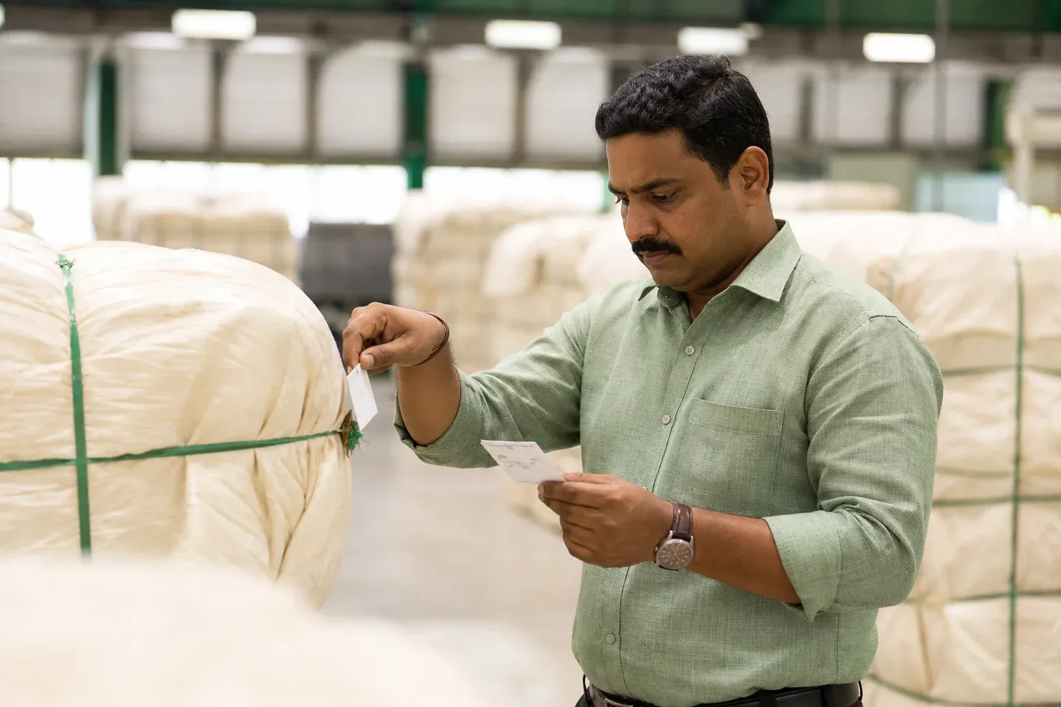 Textile mill worker and supply chain traceability concept with cotton bales. Photorealistic image: a textile mill worker in India checking labeled cotton bales in a warehouse, natural warm lighting, organized rows of bales, green and white