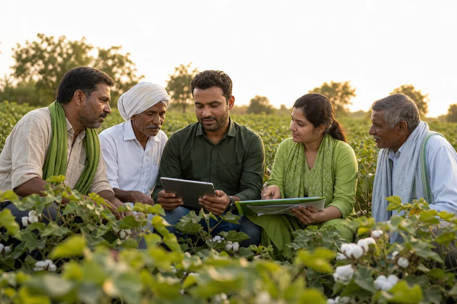 Indian farmer cooperative members and a field agronomist reviewing documents in a cotton field. Photorealistic image: an Indian cotton field at golden hour with a small group of farmer cooperative members and a sustainability field