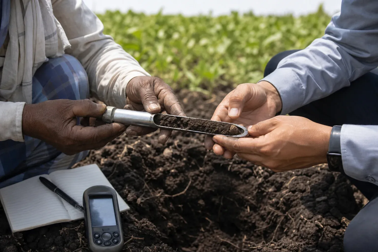 Close-up of hands measuring soil sample in a field for baseline data collection. Photorealistic image: close-up of a farmer's and a technician's hands together holding a soil auger sample over dark cotton-belt soil in India, a small