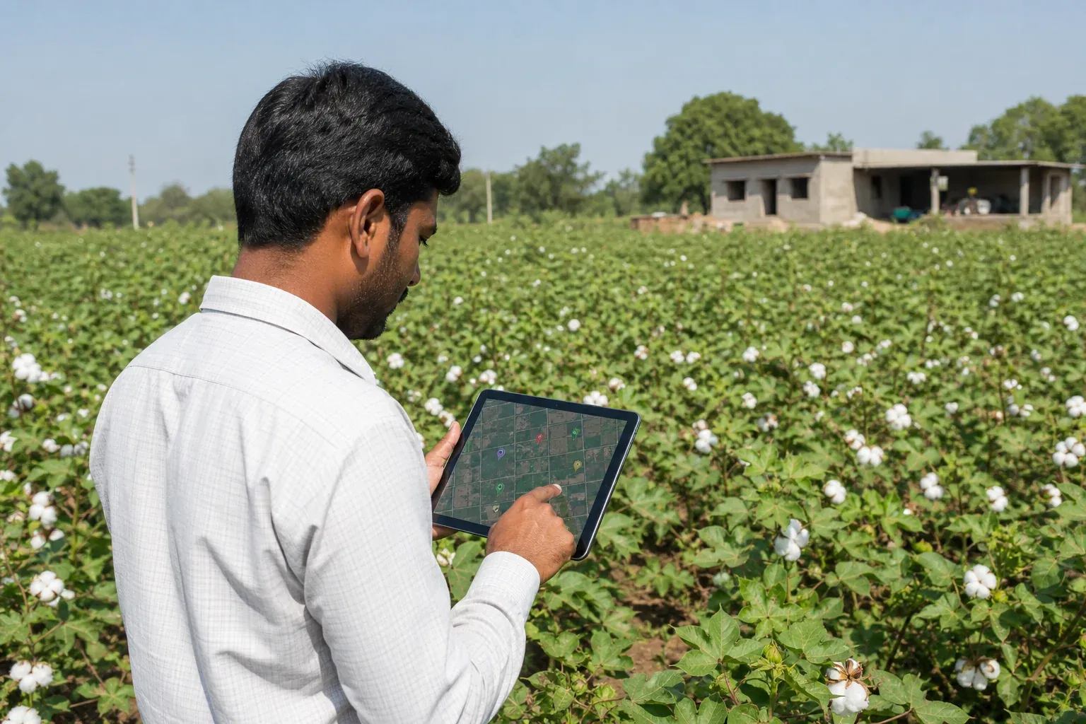 Field technician using a tablet to log geotagged farm data for MRV traceability. Photorealistic image: a field data technician in rural India standing in a farm plot using a tablet displaying a simple map with farm plot markers, cotton