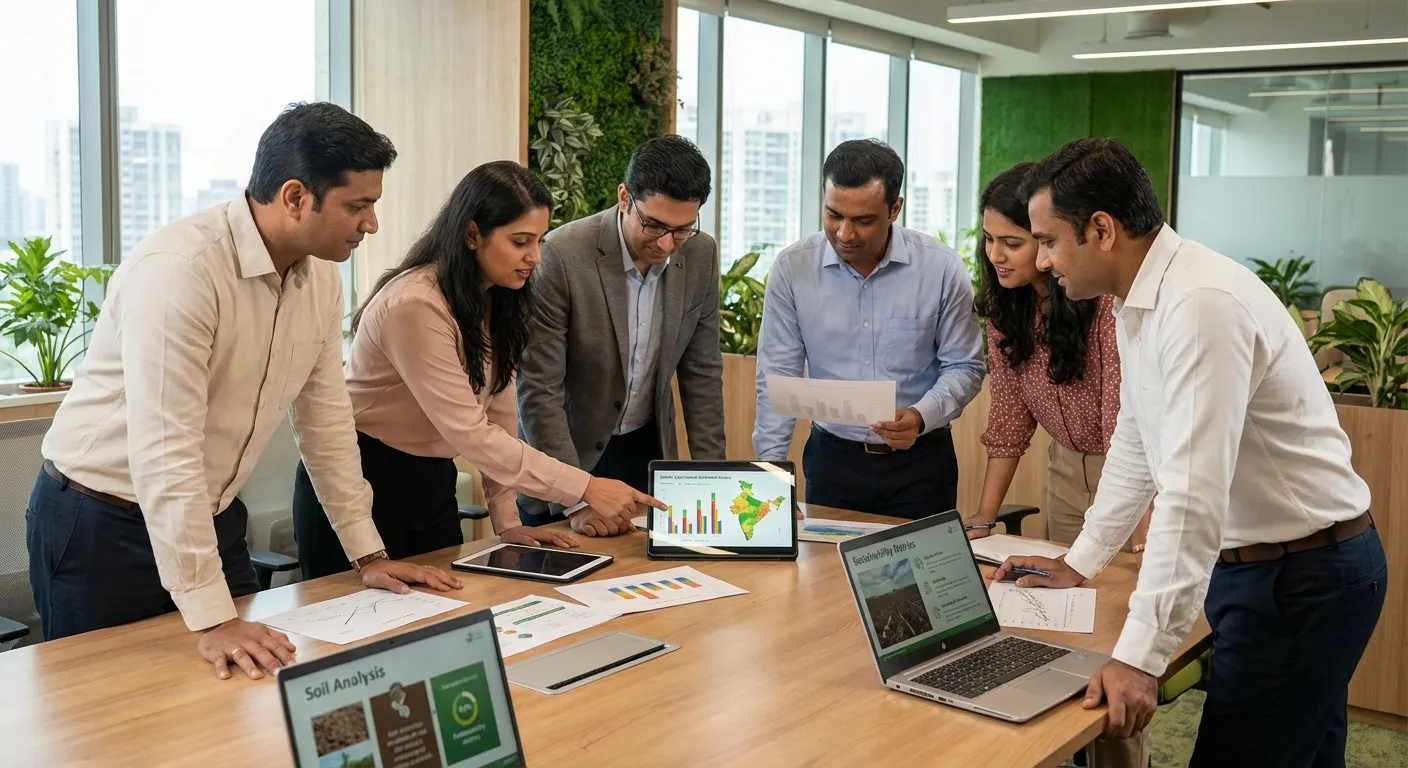 Corporate sustainability team evaluating Net Zero agriculture consulting partners in professional meeting