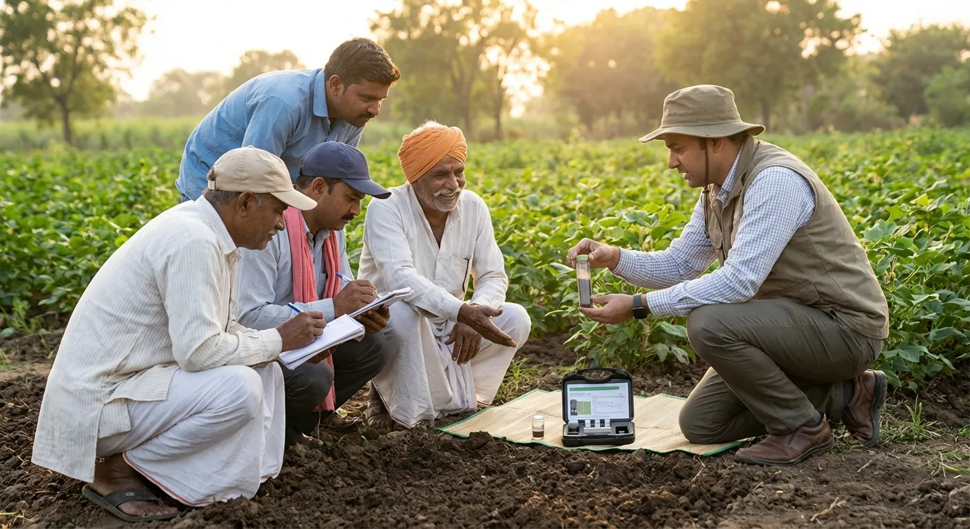 Farmers receiving hands-on training in Net Zero agriculture and regenerative farming techniques in field setting