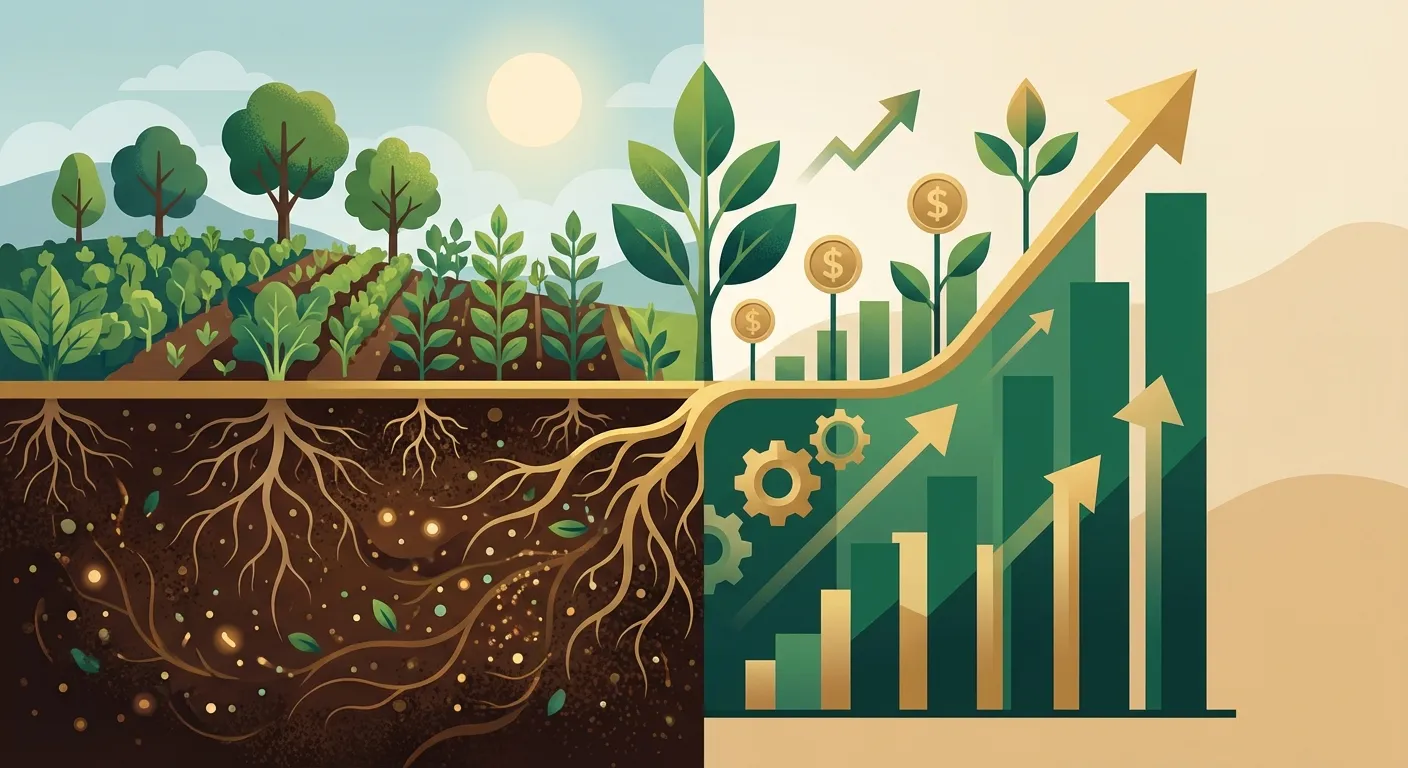 Financial benefits and carbon credits from Net Zero agriculture showing soil carbon sequestration and economic growth