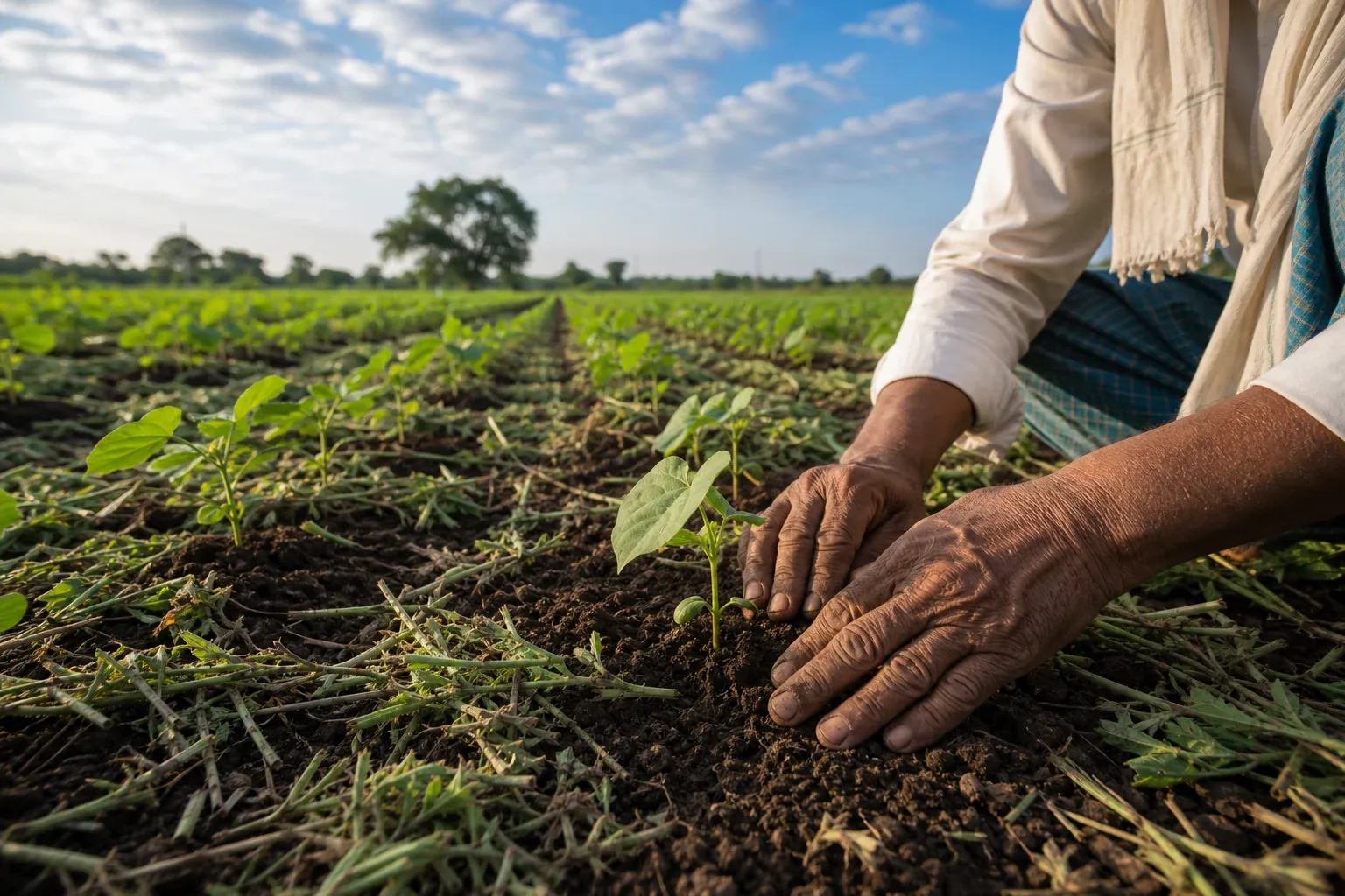 Regenerative cotton farm in India showing rich fertile soil with young cotton seedlings and a farmer's hands touching the earth