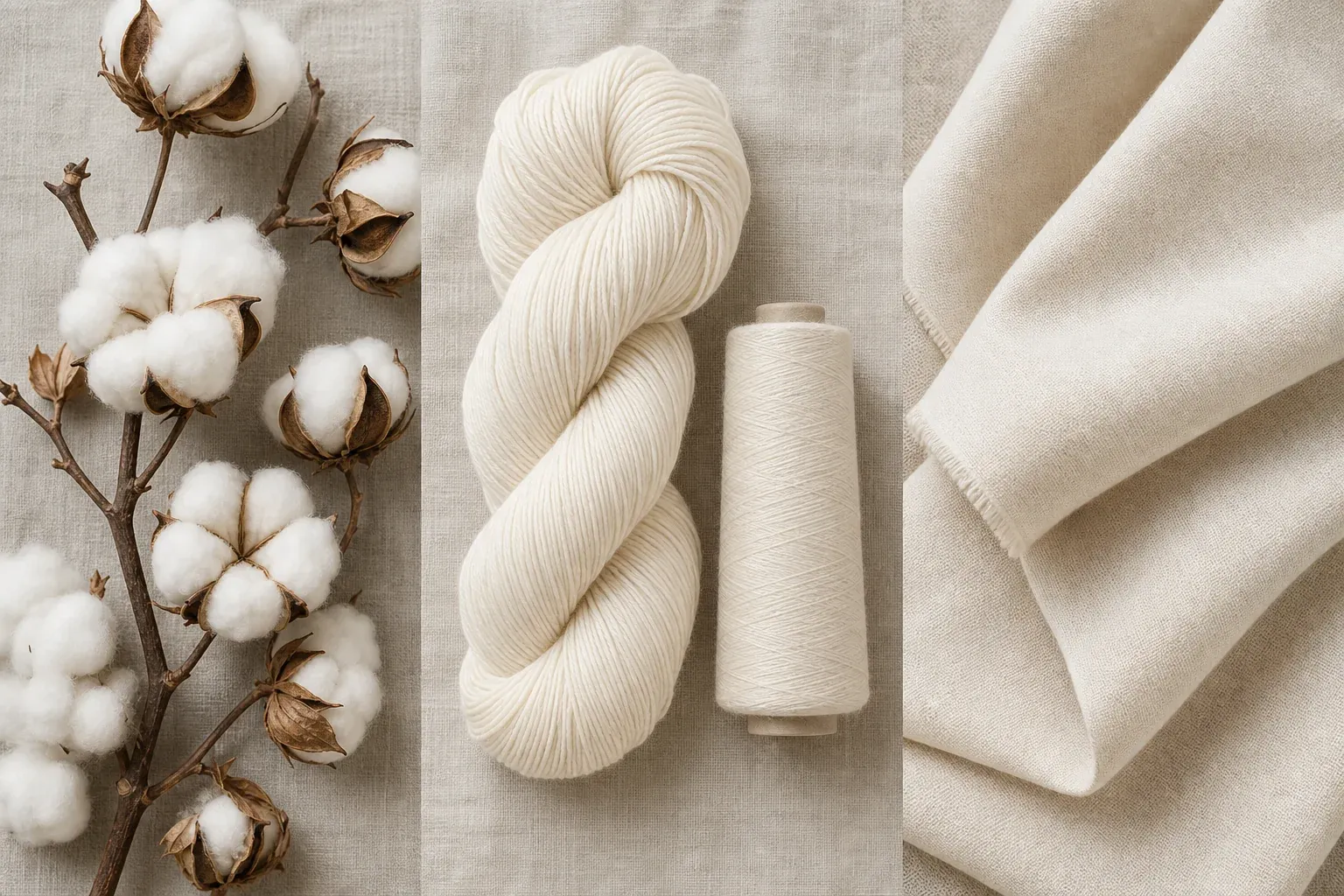 Flat lay of raw ELS cotton bolls, fine spun yarn, and premium woven fabric showing the farm-to-fabric journey of extra long staple cotton